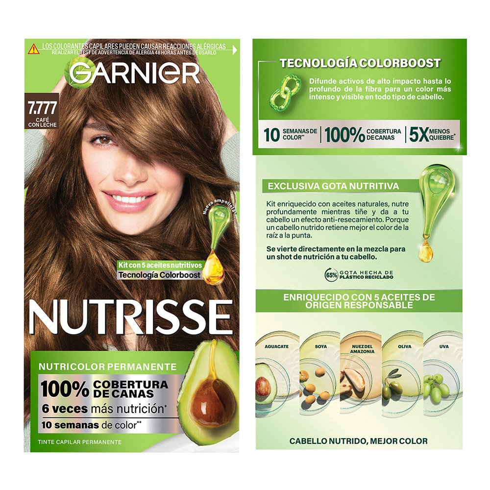 GARNIER NUTRISSE, NUTRISSE, NUTRISSE REGULAR, COLORACIÓN DE CABELLO, TINTE DE CABELLO, COLOR INTENSO, COLORACIÓN, FÓRMULA VEGANA, CRUELTY FREE, TONO 7.777, CAFÉ CON LECHE NUTRISSE REGULAR